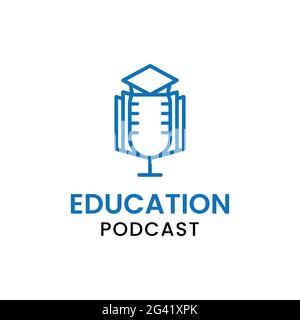 Microphone with Book and Graduation Cap for Education Podcast in Simple Line Style Logo Design Template Stock Vector