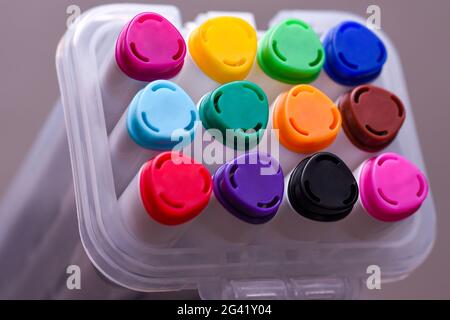 Colored markers for drawing on a white background, close-up. Stock Photo