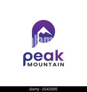 Letter Initial P with Peak Mountain Hill for Adventure Outdoor Hiking Camping Hunting Sport Gear Apparel Business Brand Simple Classic Unique Logo Stock Vector