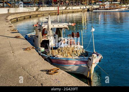 Fishing boat in Side, Turkish Riviera, Turkey, Western Asia Stock Photo