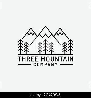 Three Mountain and Pine Trees for Adventure Outdoor Hiking Camping Hunting Sport Gear Apparel Business Brand in Simple Line Unique Hipster Vintage Stock Vector