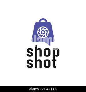 Shopping Bag with Camera Lens Shutter Aperture for Online Digital Camera Photo Photography Shot Multimedia Retail E Commerce Shop Store Market Company Stock Vector