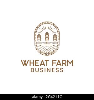 Wheat Rice Farm in Line Linear Art Style for Agriculture Business Brand Company Logo Design Template Stock Vector