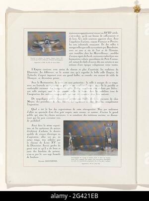 Art - Goût - Beauté, Feuillets de l 'Élégance Féminine, Mars 1932, No. 139, 12th Année, p. 30. Continuation of the text 'La Rétrospective des Arts de la Table' with two images of a soup tartrine with silver leaf and a spit for traveling engraved bronze. Page from the Modelijdschrift Art-Goût-Beauté (1920-1933). Stock Photo