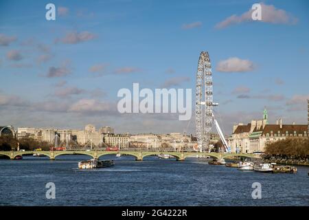 View along the River Thames to the London Eye Stock Photo