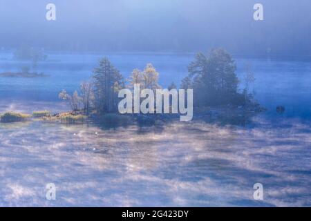 Eibseeinsel on a morning in October, Grainau, Upper Bavaria, Bavaria, Germany Stock Photo