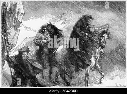 Engraving of the reformer William Farel and his companions travelling across the Alps to take their gospel to the Waldenses, who had separated themselves from worldly society by living in the alps of northern Italy. Stock Photo