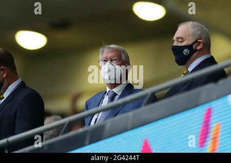 London, UK. 18th June 2021. Sir Alex Ferguson the former Manchester United manager takes his seat to watch the game during the UEFA European Championships match at Wembley Stadium, London. Picture credit should read: David Klein / Sportimage Stock Photo