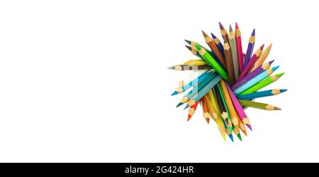 School supplies color pencils in organizer on a white office table desktop, top view, isolated on a white with copy space Stock Photo