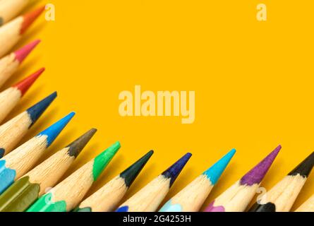 School supplies flat lay with color pencil border frame composition, copy space Stock Photo