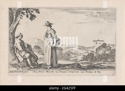 Farmer and Farmer in a landscape; Different landscapes; Twelve landscapes. A landscape with a bridge over a river. In the foreground on the left a seated farmer with a dog and a standing farmer's interview. Stock Photo