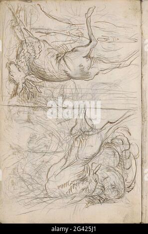 Study magazine with deer. Leaf 2 verso from a sketchbook with 15 sheets. Stock Photo