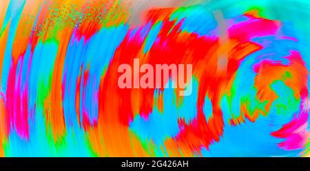 Abstract painting illustration with various colors including blue, red, purple, green, and orange in a disk-like planet design with background splatte Stock Photo