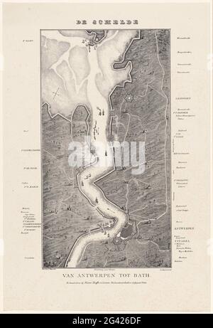 Walk from the Scheldt from Fort Bath to Antwerp, 1832; The scolding of Antwerp to Bath. Floor plan of the barrel of the Scheldt of Fort Bath in Zeeland (above) to the city of Antwerp (below), at the time of the Siege of Antwerp in December 1832. The various fields and forts were indicated along the river. Stock Photo