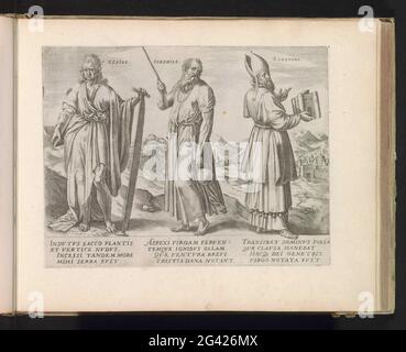 Isaiah, Jeremiah and Ezekiel; Twelve prophets; Thesaurus Sacrarum HistoriaRu [M] Veteris Testame [N] Ti, Elega [N] Tissimis Imaginibus Expressu [M] Excelle [N] Tissimoru [M] in Hac Arte Viroru [M] Opera: now [N] C Primu [M] Luce [M] Editus. The prophets Isaiah, Jeremiah and Ezekiel are located next to each other in a landscape. Isaiah holds a book under arm and holds a saw in his hand, Jeremiah loves a staff and jug in the hands, Ezekiel keeps the temple in his hand, which he saw in a vision. Under the show explanations in Latin. This print is part of an album. Stock Photo