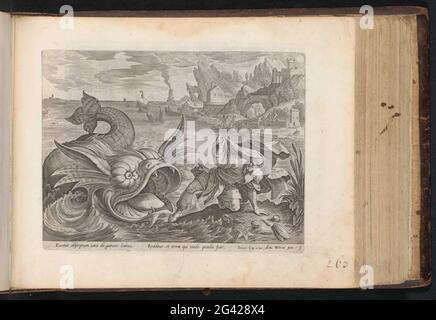 Jona spit out by the fish; From the prophet ionas; History of Jonah; Den Grooten Figuer Bibel (...). After surviving three days and nights in the belly of the fish, the Vis Jona spits out on the land. Under the show a reference in Latin to the Bible text in Jonah 2:10. This print is part of an album. Stock Photo