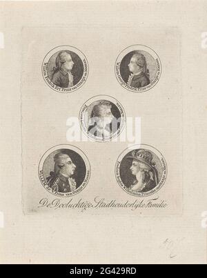 Tokens with portraits of Willem I Frederik, King of the Netherlands, Frederik, Prince of Orange-Nassau, Louise, Princess of Oranje-Nassau, Willem V, Prince of Orange-Nassau, and Wilhelmina van Prussen. Above: Portrait of Willem I Frederik in a circle with peripheral left and portrait of Frederik in a circle with zone right. Middle: Portrait of Louise in a circle with a peripheral. Below: Portrait of Willem V in a circle with peripheral left and portrait of Wilhelmina in a circle with randchrift right. A rule of Dutch text in the undermarge. Stock Photo