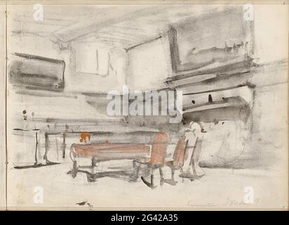 Interior with a table and a painting above a fireplace. Possibly the interior of the Muiderslot. Leaf 6 Recto from a sketchbook with 13 sheets. Stock Photo