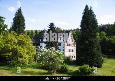 Moated castle Oberaulenbach, near Eschau Unteraulenbach, Räuberland, Spessart-Mainland, Franconia, Bavaria, Germany, Europe Stock Photo