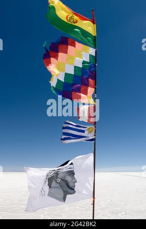 Vertical shot of the Andean peoples flag, the Whipala ,and South American countries flags in a sunny day at the Uyuni Salt Flat,in Bolivia. Stock Photo