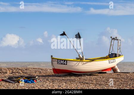 WORTHING, WEST SUSSEX/UK - NOVEMBER 13 : View of a fishing boat on the beach in Worthing West Sussex on November 13, 2018 Stock Photo
