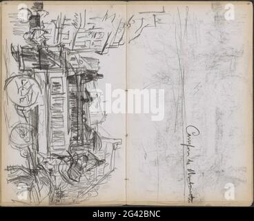 Horse tram on the Carrefour de Montmartre, Paris. Page 44 and 45 From a sketchbook with 35 sheets. Stock Photo