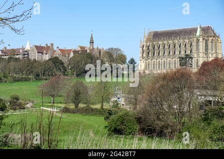 LANCING WEST SUSSEX/UK - APRIL 20 : View of Lancing College Chapel in Lancing West Sussex UK on April 20, 2018 Stock Photo
