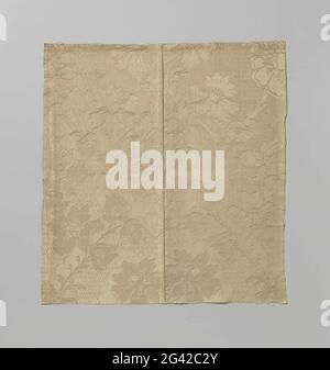 Fragment white silk damest with pattern of scaly soil on which flower and leaf branches. Fragment white silk tissue; damask. The pattern has a scaly soil with yoke-shaped twigs with flowers, leaves and buttons. The fragment consists of two assigned pieces. Stock Photo