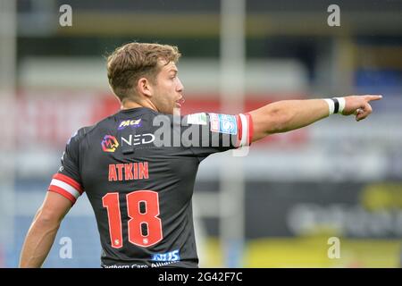 Huddersfield, UK. 18 June 2021 -Chris Atkin (18) of Salford Red Devils during the Rugby League Betfred Super League  Huddersfield Giants vs Salford Red Devils at John Smith's Stadium, Huddersfield, UK  Dean Williams/Alamy Live News Stock Photo