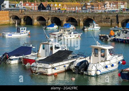 FOLKESTONE, KENT/UK - NOVEMBER 12 : View of boats in the harbour in Folkestone on November 12, 2019. One unidentified man Stock Photo