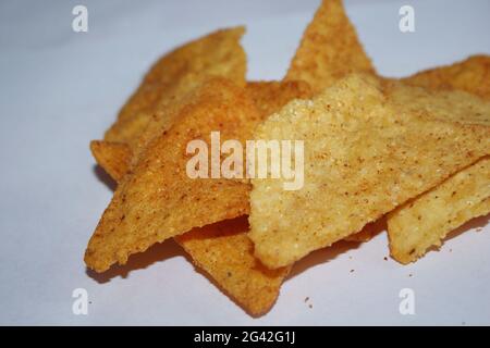 A group of Doritos chips on white background Stock Photo