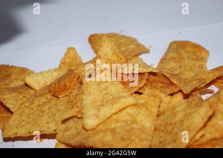 A group of Doritos chips on white background Stock Photo