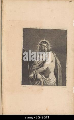 Ecce gay. Christ after scaling and mockery. His hands are tied up. He carries the thorns crown and a cloak. In his hand a reed stalk as a scepter. This print is part of an album. Stock Photo