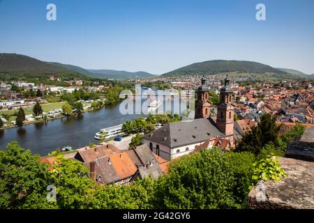 View from Mildenburg to St. Jakobus Church, old town and Main with river cruise ships, Miltenberg, Spessart-Mainland, Franconia, Bavaria, Germany, Eur Stock Photo