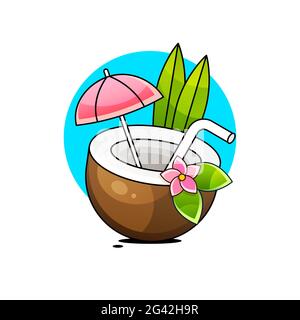 Coconut tropical nut fruit with cut. Vector illustration isolated white background. Coco nut fruit broken shell Stock Vector