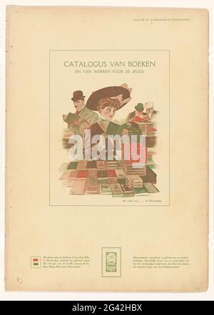 Customers in a bookstore; Catalog of booking and working for young people. A man and a woman, with book in hand, between stacks outstretched books. In the background two men bent over a book. In the top right corner: Appendix No. 44 monthly magazine Typography. Stock Photo