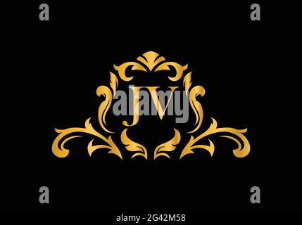 Luxury Alphabet letters J V. Golden Floral alphabet . Monogram initials perfectly for wedding invitations, greeting card, logo, and other design. Stock Vector