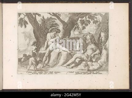 Mercury plays flute for Argus; Ovidius' metamorphoses; Reflections by P. Ovidius Naso. Under the shade of a few trees, Mercurius plays in the form of a shepherd on his flute for Argus. He tries to fall asleep his one hundred eyes. The caduceus, a magic wand browse by snakes, betrays who he really is. Argus monitors Juno de Koe io. Under the show twice two fresh rules in Latin. The print is part of an album. Stock Photo