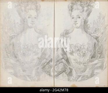 Portrait of a woman. Drawing in an oval. Leaf 37 Verso and 38 recto from a sketchbook with 105 sheets. Stock Photo