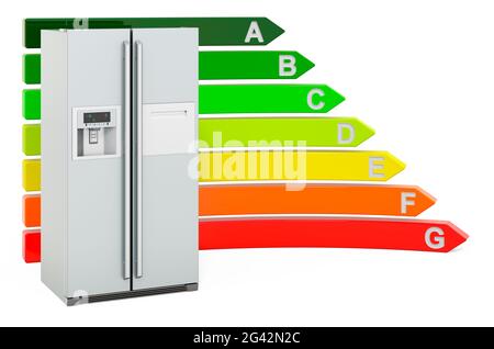 Double door fridge with energy efficiency chart, 3D rendering isolated on white background Stock Photo