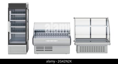 Commercial refregeration equipment. Curved glass refrigerated display case for bakery, deli display case and swing glass door merchandiser refrigerato Stock Photo