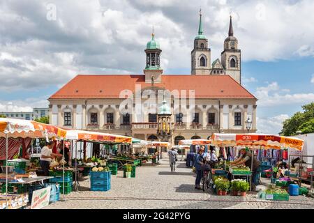 Market in front of the town hall of Magdeburg, Saxony-Anhalt, Germany Stock Photo