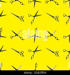 Seamless pattern of black scissors. professional hairdresser black scissors isolated on yellow. Black barber scissors, close up. pop art background Stock Photo