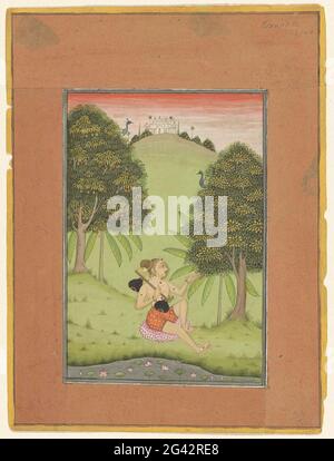 Saranga Malhare Ragini. A half barefight is sitting on a cushion in front of a pond in a hilly landscape, across the right shoulder a veena hangs, the profile has turned to the right; In the background, banana trees and other trees with two peacocks can be seen; At the back of the hilltop a palace is depicted against a pink colored morning sky. The performance is stuck on a wide strip of brown paper that is trimmed with a yellow border and black frame limits; The yellow edge is jerked off and uneven. Stock Photo
