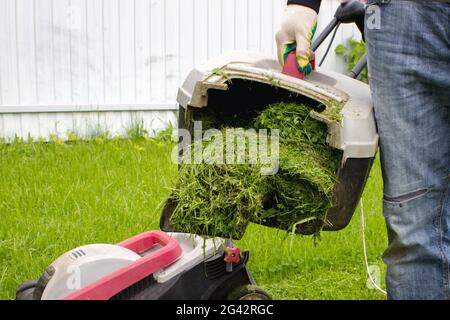 Man with lawn mower grass collector in hand. Man with lawnmower. Gardening and landscaping concept Stock Photo