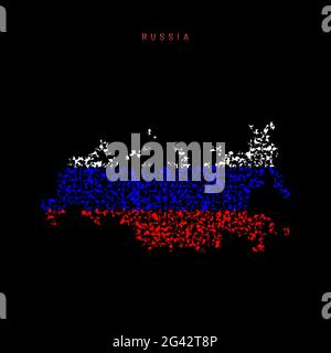 Russia flag map, chaotic particles pattern in the colors of the Russian flag. illustration isolated on black background. Stock Photo