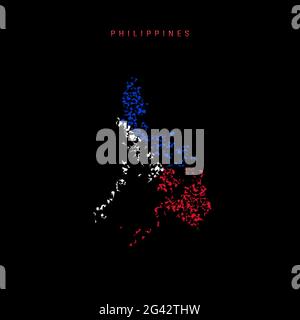 Philippines flag map, chaotic particles pattern in the colors of the Philippine flag. illustration isolated on black background. Stock Photo