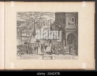 Age from 64 to 80 years; the Tuscan order; An 64 USQ [UE] AD AN 80 / 5. Tuscany; Six ages of man / six construction orders; Theatrum Vitæ Humanæ. Old men walk around on the terrace of a derelict house, built in the Tuscan order. The window of the house at the top right is broken. On the terrace some men are around a table, one of them with a younger woman on his lap. Another has glasses. Behind them a man with an amputated lower leg. The stairs of the terrace leads to a cemetery. In the margin a four-line text in two columns, in Latin. The print is part of an album. Stock Photo