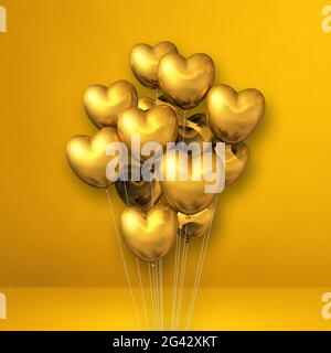 Gold heart shape balloons bunch on a red wall background. Horizontal ...
