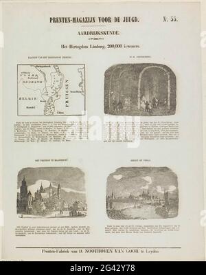 The Duchy of Limburg. 200,000 inhabitants; Print warehouse for the youth; Geography. Sheet with 4 shows about the Duchy of Limburg with a map and important places and buildings: the Sint-Pietersberg, the Vrijthof in Maastricht and Venlo. Above every show a title and under every performance a caption. Numbered at the top right: No. 55. Stock Photo